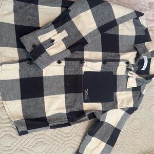 Zara Black and Cream Plaid Button Down Shirt